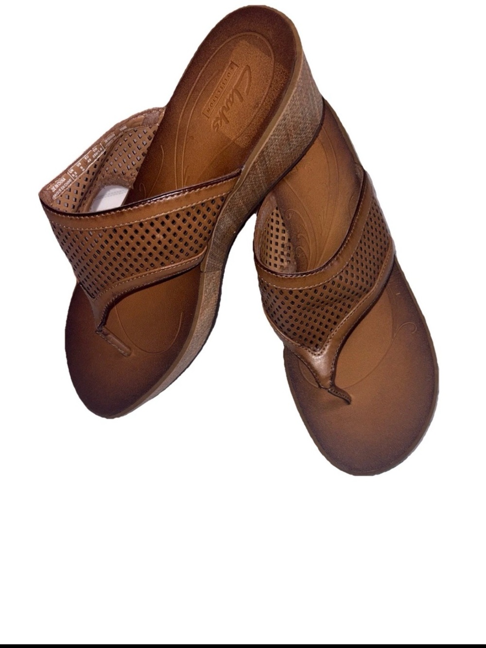 Clarks Brown Perforated Wedge Thong Sandals